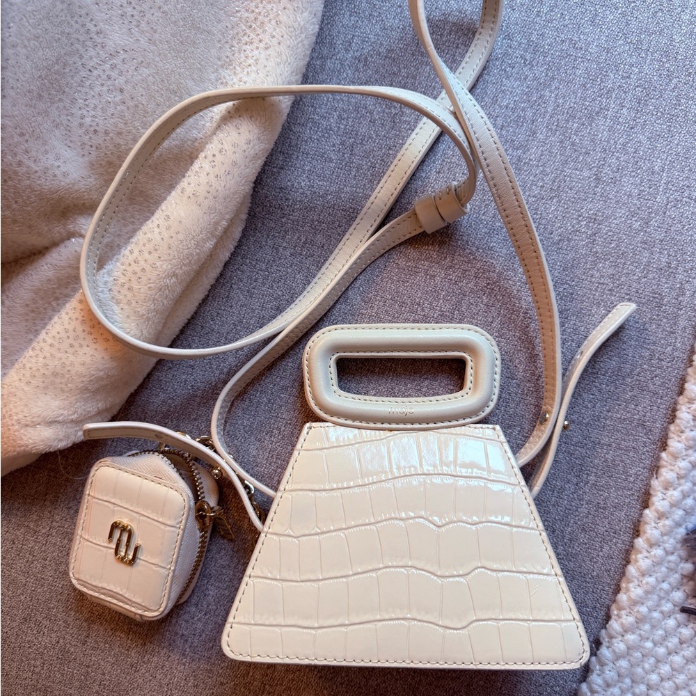 Maje Top Handle Pyramid Bag with Crocodile Pattern - White